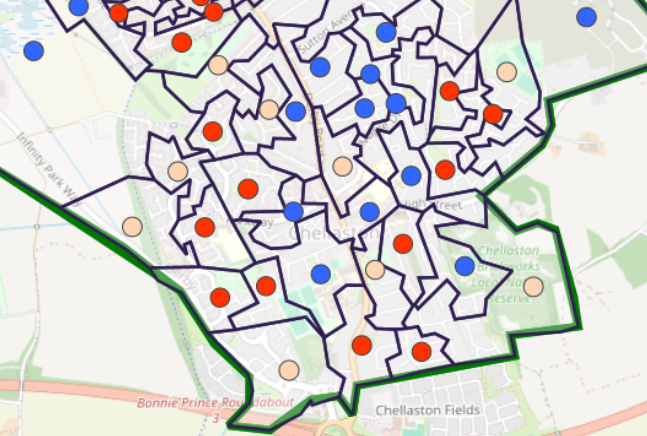 Street-level view of Chellaston in the constituency of Derby South, showing 
the estimated results of the 2024 General Election by Census Output Area